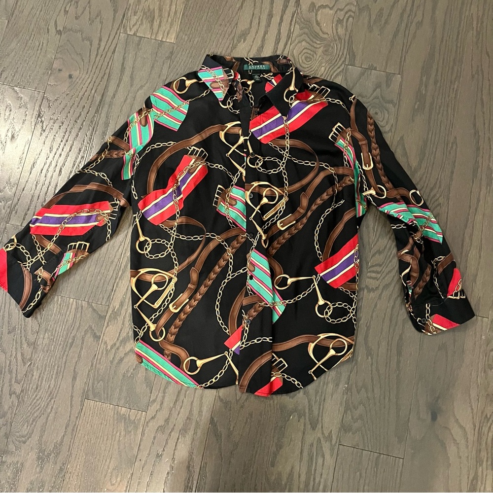 Lauren Ralph Lauren Women's Black Equestrian Long Sleeve Button Up Shirt sz 1X